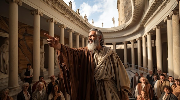 Un anciano romano demuestra cómo usar una toga en un entorno antiguo