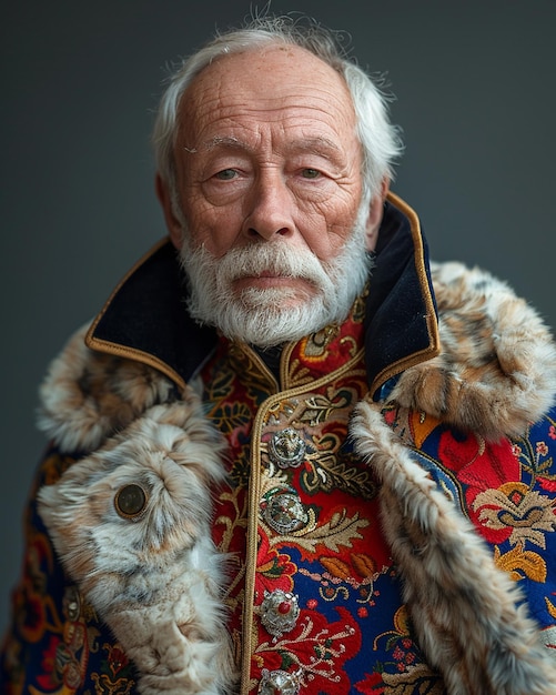 Foto un anciano ruso en un papel tapiz blanco sólido