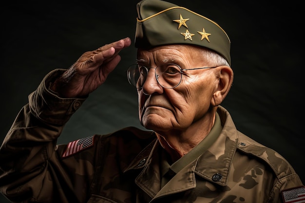 Un anciano saludando con uniforme militar.