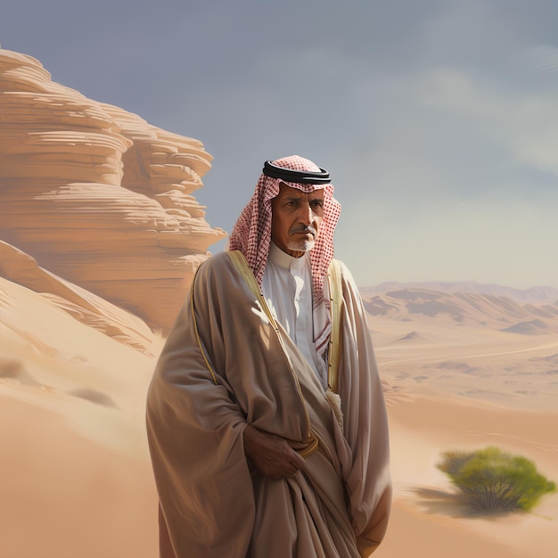Foto un anciano saudí celebra el día nacional saudí en el desierto