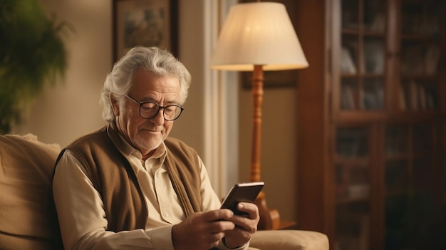 Anciano sentado en casa revisando su teléfono móvil