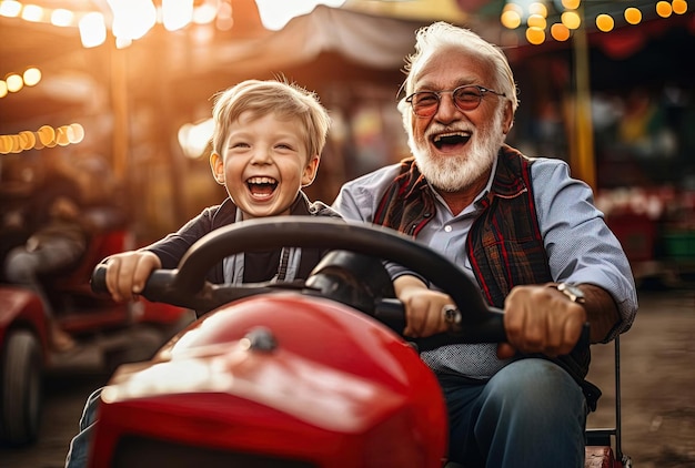 anciano sentado en un gokart de carnaval vintage con un niño pequeño en el estilo de la experiencia interactiva