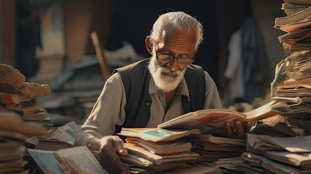 Anciano sentado en una mesa rodeado de libros Día Mundial del Libro