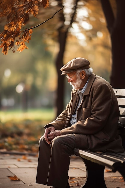 Un anciano sentado rodeado de hojas de naranja Un hombre triste y melancólico pasa tiempo solo Concepto de gente