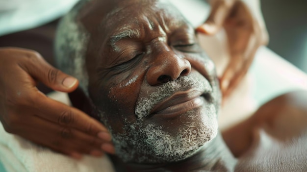 Un anciano sereno recibiendo un tratamiento facial reconfortante