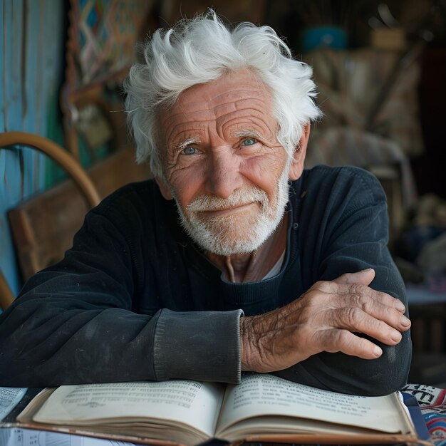 Foto un anciano se sienta en una mesa con un libro titulado la mejor cosa