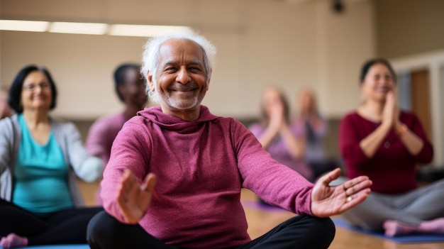 un anciano se sienta en una postura de yoga con otras personas en el fondo