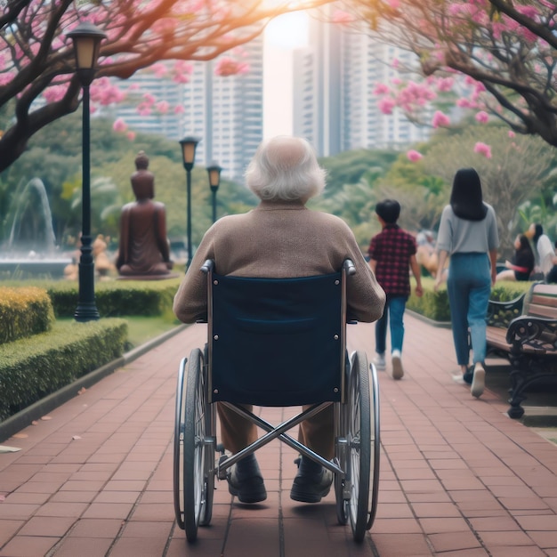 Un anciano en silla de ruedas en el parque un anciano solo con discapacidad