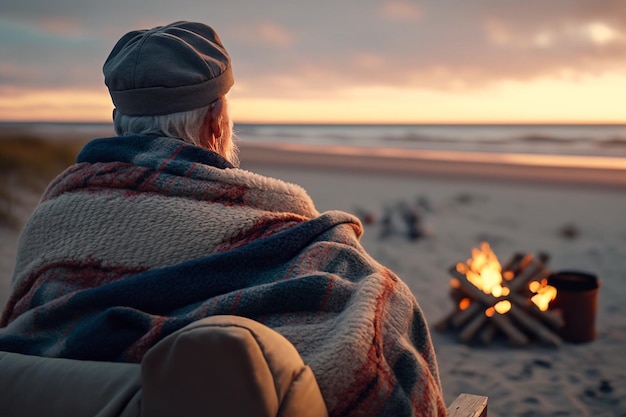 Anciano solitario calentándose junto a un fuego en la ilustración de la playa IA generativa