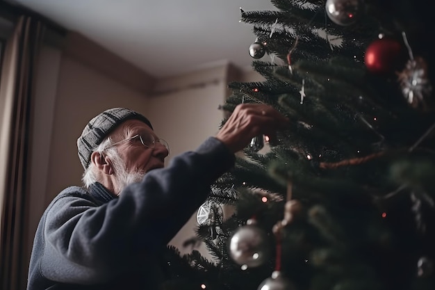 Foto un anciano solitario decora el árbol de navidad en casa nochevieja de año nuevo