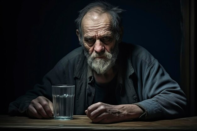 un anciano solitario con un vaso de agua en las manos