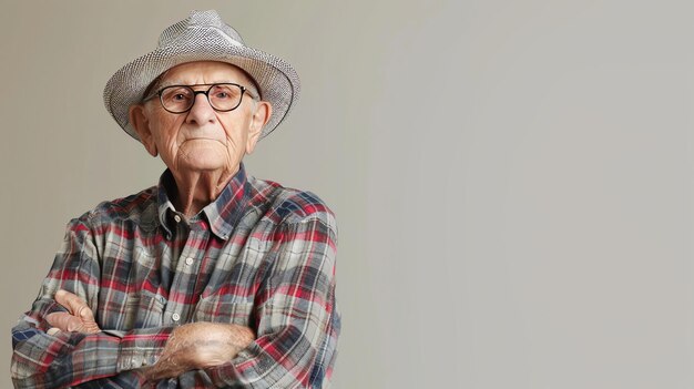 Un anciano con sombrero y gafas está mirando a la cámara con una expresión seria. Está vestido con una camisa a cuadros y tiene los brazos cruzados.