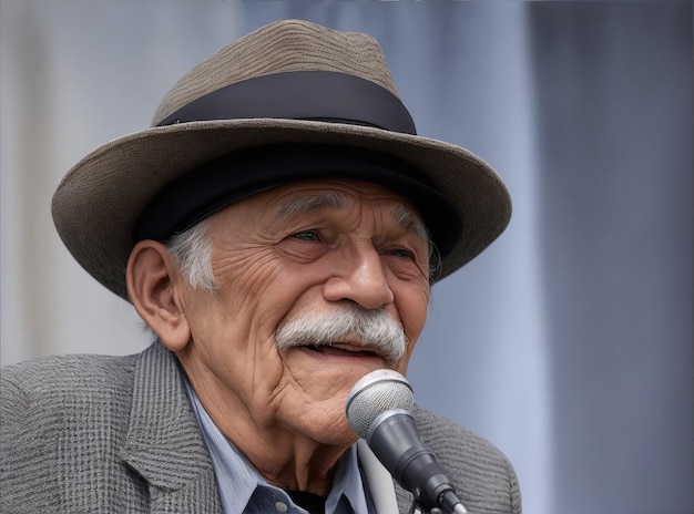 Anciano con un sombrero y un micrófono frente a él por IA generativa