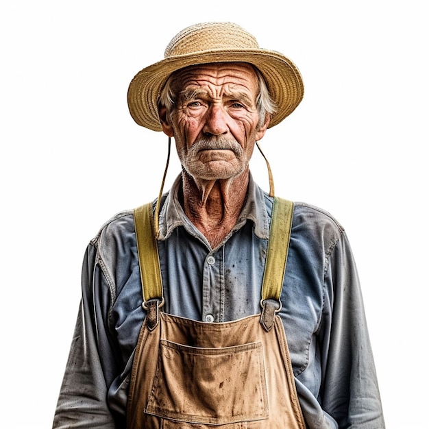 Un anciano con sombrero y overol se para frente a un fondo blanco.