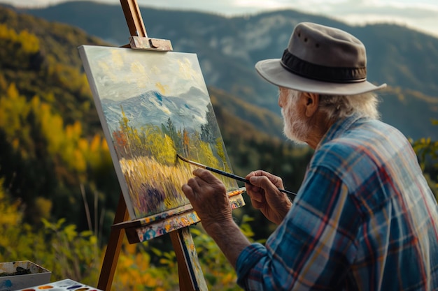 Un anciano con un sombrero pinta una vista panorámica de la montaña en su lienzo en medio de la naturaleza