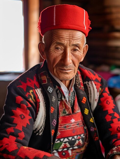 un anciano con un sombrero rojo con la letra t en él