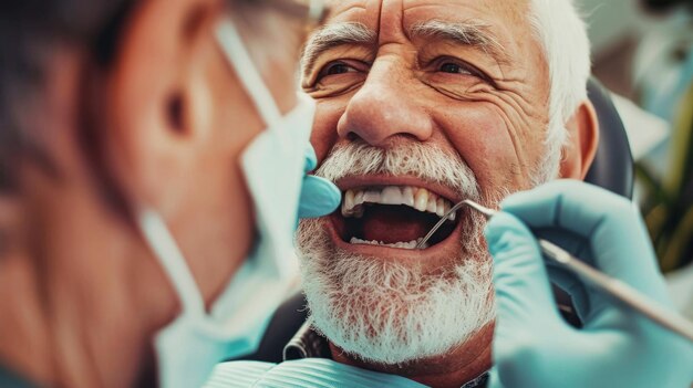 Un anciano se somete a un examen dental con un dentista