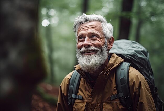 anciano sonriendo mientras camina por el bosque con mochila al estilo de un ambiente ominoso