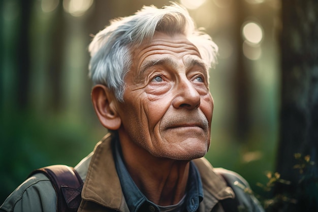 Un anciano sonriente un abuelo con cabello gris en una calle de la ciudad Retrato