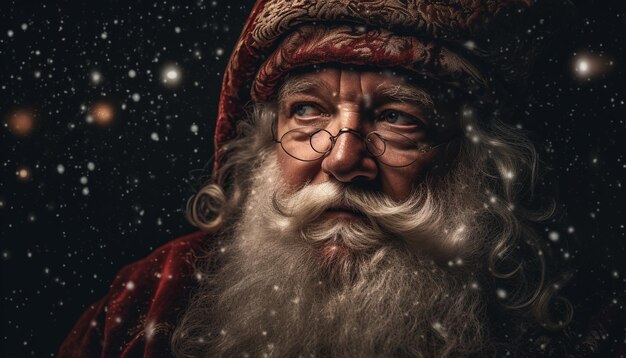 Un anciano sonriente con barba y anteojos celebra la noche de invierno generada por IA