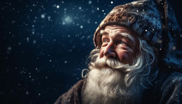 Un anciano sonriente celebra el invierno al aire libre con ropa tradicional generada por IA