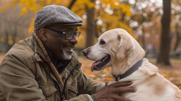 Un anciano sonriente disfrutando de un momento con su leal perro en un parque durante el otoño Candid captura de amistad y cuidado Confortante y conmovedora escena AI