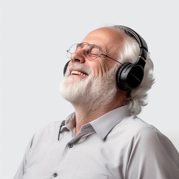 Un anciano sonriente está escuchando música con auriculares con los ojos cerrados de fondo blanco.