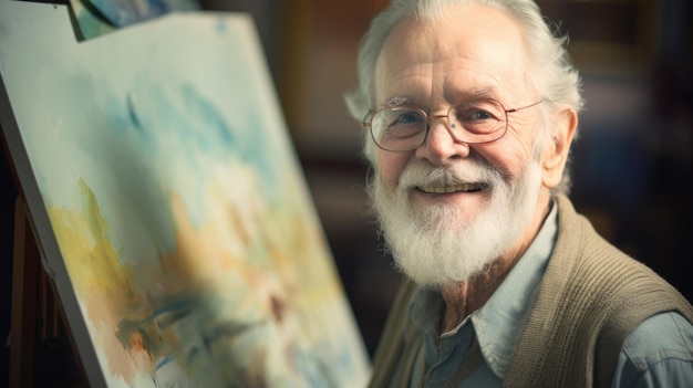 El anciano sonriente en el estudio sosteniendo un caballete frente a un lienzo colorido IA generativa AIG21