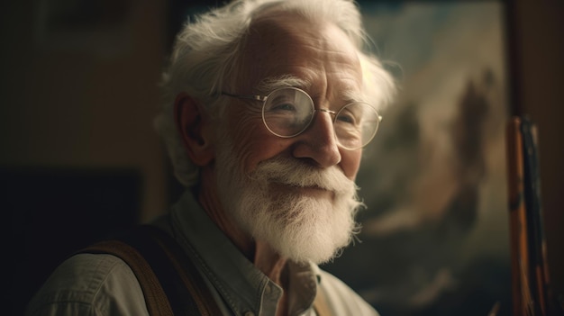 El anciano sonriente en el estudio sosteniendo un caballete frente a un lienzo colorido IA generativa AIG21