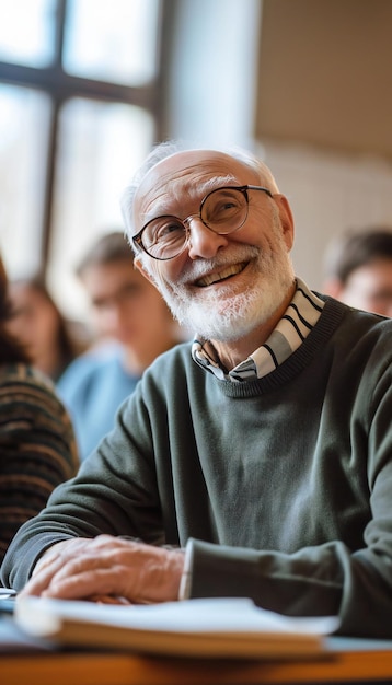 Un anciano sonriente participando en el entorno de la clase