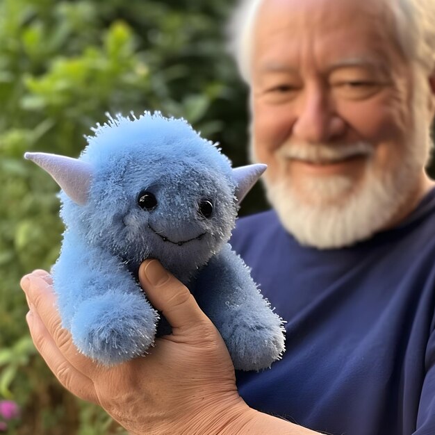 Un anciano sonriente sosteniendo un perro de peluche azul en la mano