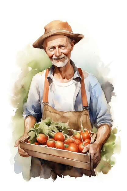 un anciano sosteniendo una caja de verduras