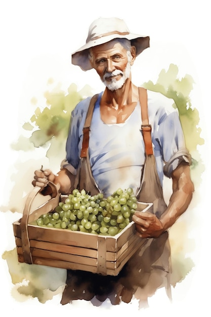 un anciano sosteniendo una canasta de uvas