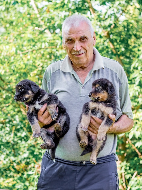 Anciano sosteniendo dos cachorros