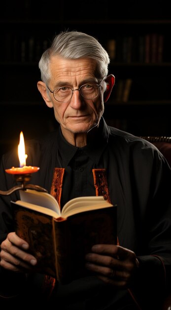 un anciano sostiene un libro con una vela en la mano.