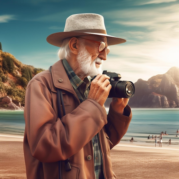Foto un anciano sostiene un par de binoculares y va a explorar