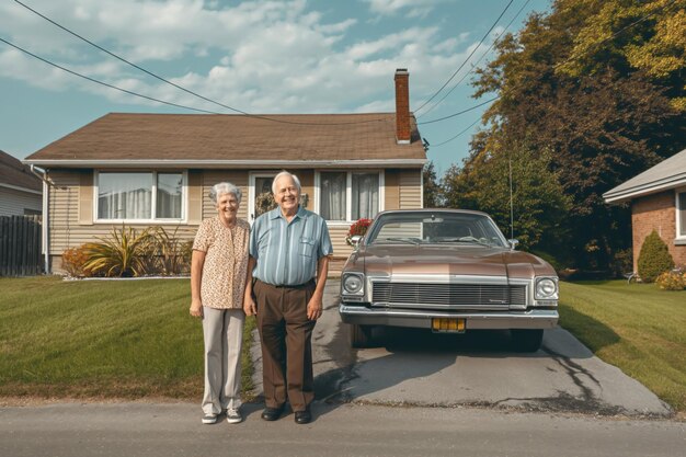 Un anciano y su esposa de pie frente a su coche clásico