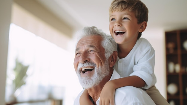 El anciano y su nieto se divierten juntos dentro de la casa.