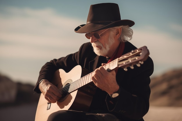 Un anciano tocando la guitarra.