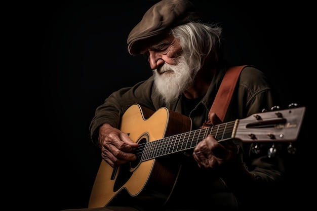 Un anciano tocando la guitarra.