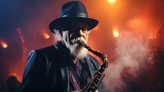 Un anciano tocando jazz en un saxofón.