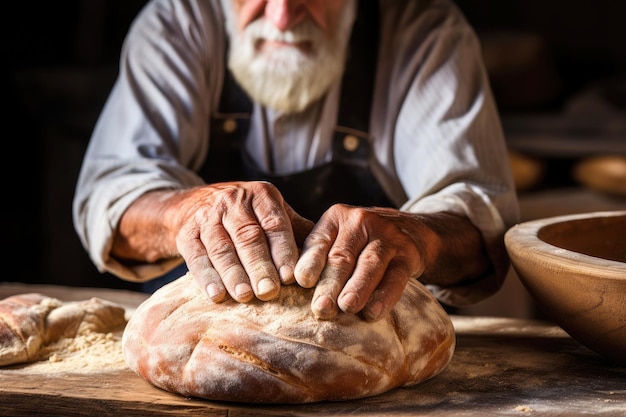 Un anciano tocando el pan recién horneado en una mesa de madera