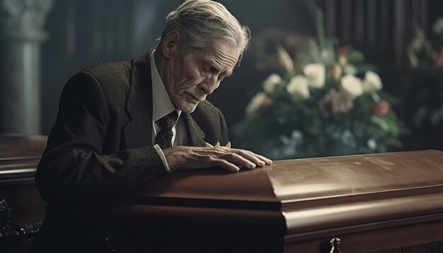 Foto un anciano triste junto al ataúd un abuelo anciano triste llora en el funeral un viudo solitario funeral