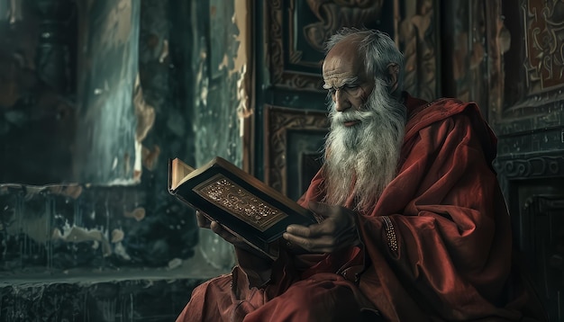 Un anciano con una túnica está leyendo un libro.