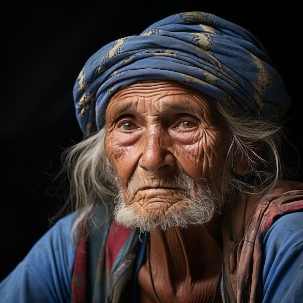 un anciano con un turbante en la cabeza