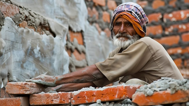 Foto un anciano con un turbante está trabajando en una obra de construcción está mezclando cemento y colocando ladrillos