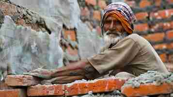 Foto un anciano con un turbante está trabajando en una obra de construcción está mezclando cemento y colocando ladrillos