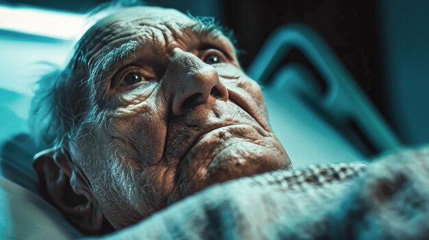 Foto un anciano yace pacíficamente en una cama de hospital rodeado de equipos médicos que reflejan una vida bien vivida