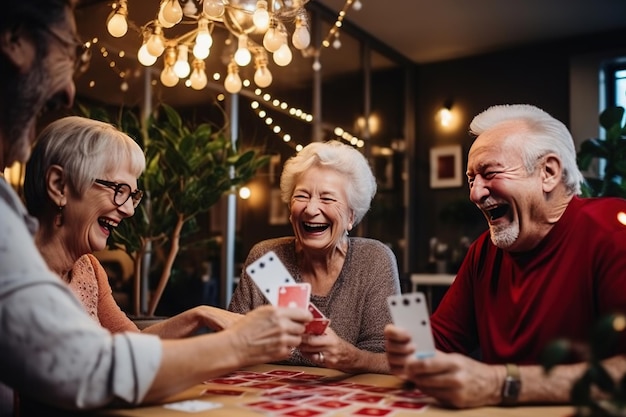 ancianos en una animada actividad social jugando a las cartas y riendo capturando la alegría