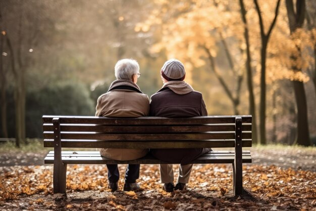 Ancianos canosos disfrutando del clima soleado relajándose en un banco en el parque de otoño